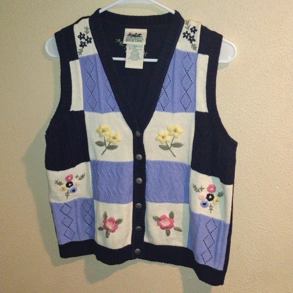 Vintage Northern Reflections Floral Embroidered Patchwork Cotton Blend Vest Knit